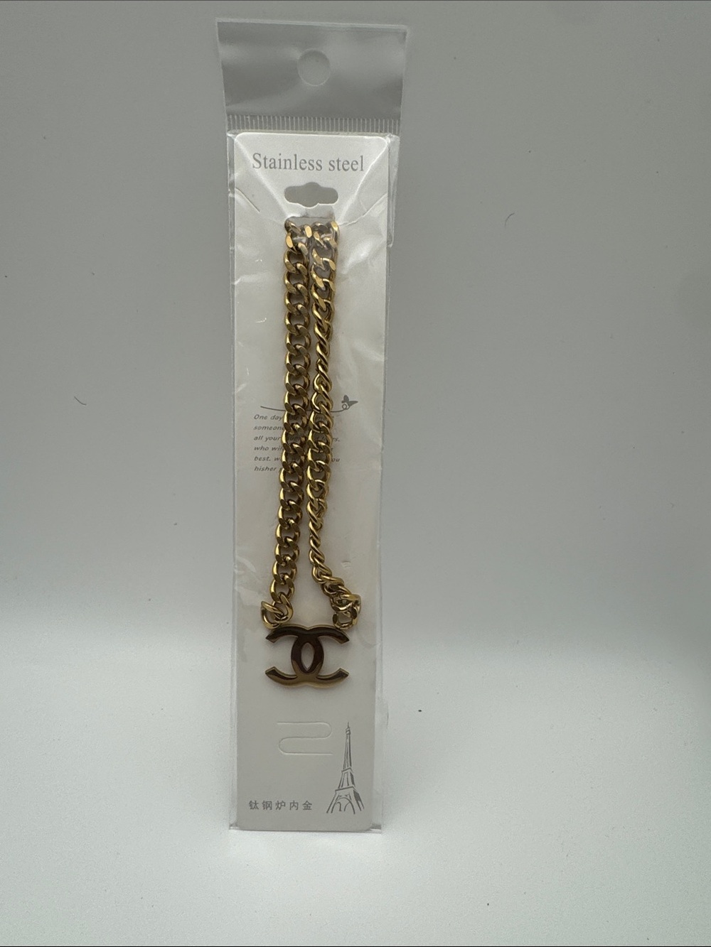 Gold Chain Necklace with Interlocking Logo Pendant - Stainless Steel
